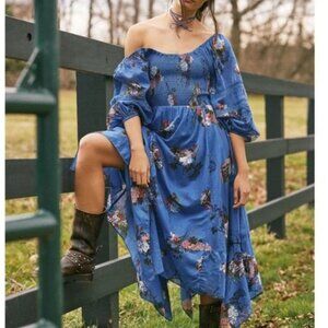 Free People Morning Glory Long Sleeve Cotton Smocked Maxi Dress Dutch Blue S 💙